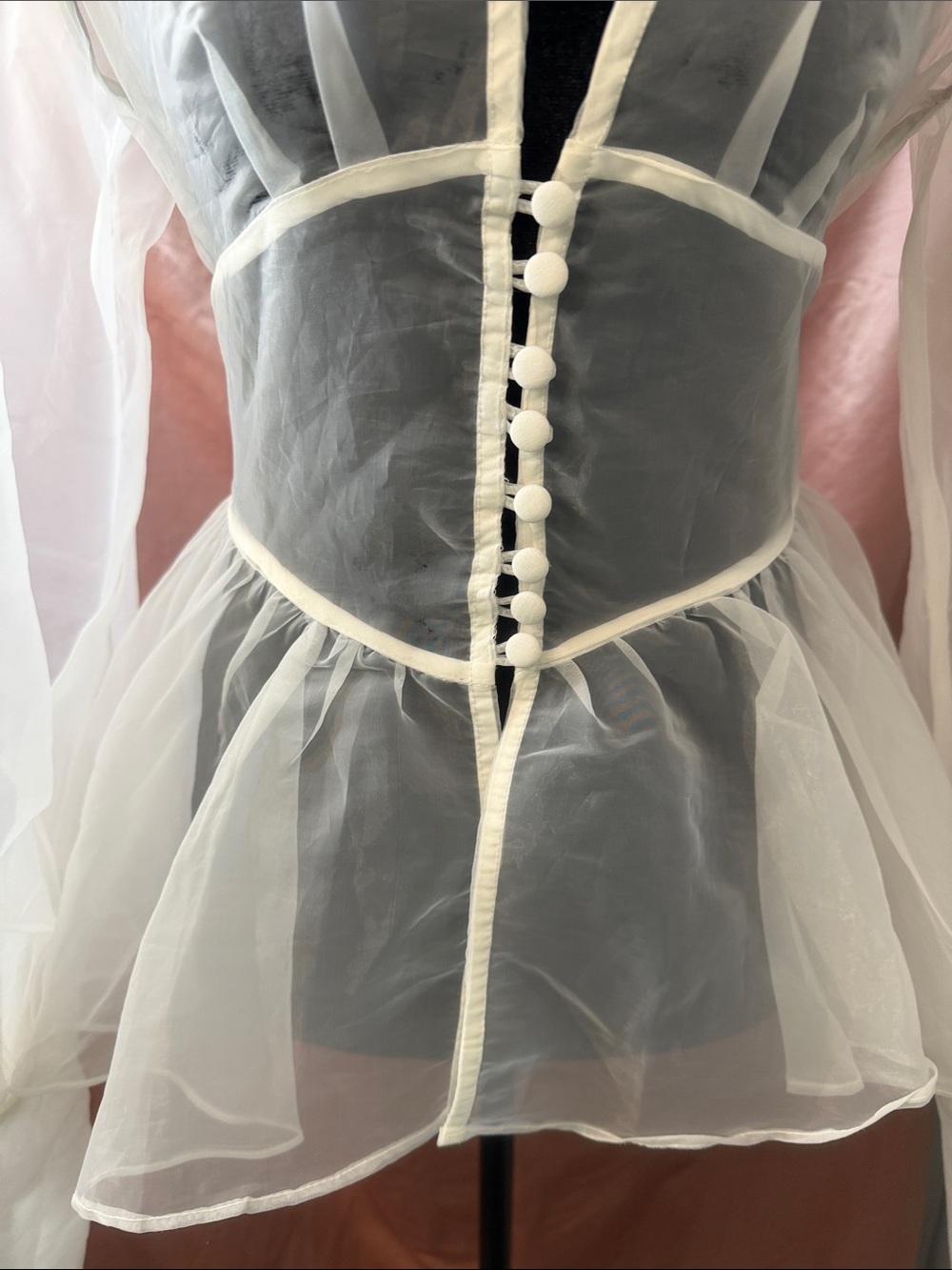 AKIRA Sheer White Organza Corset-Front Peplum Blouse - Picture 4 of 9